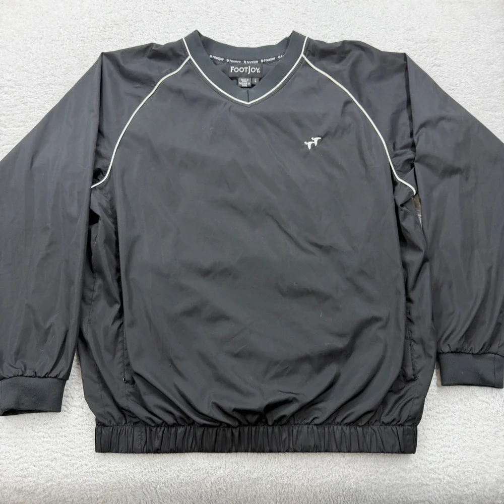 FootJoy Mens‎ V-Neck Golf Windshirt Black Pullover Jacket L Long Sleeve Piping